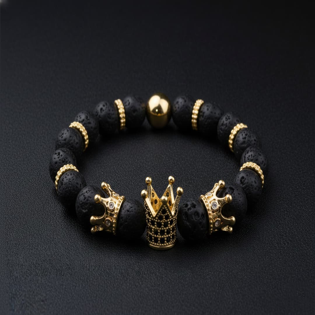 Pulsera de Piedra Volcánica con Triple Corona Imperial