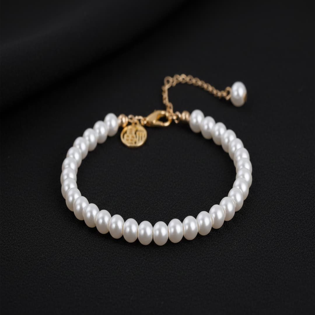 Pulsera de Perlas Naturales con Cierre en Oro y Amuleto de la Suerte