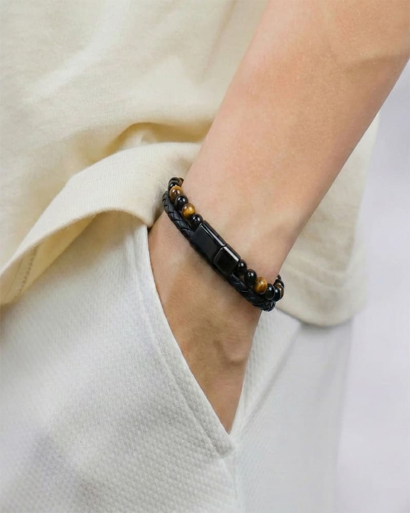   Pulsera Dual Ojo de Tigre y Cuero Trenzado  detail 1