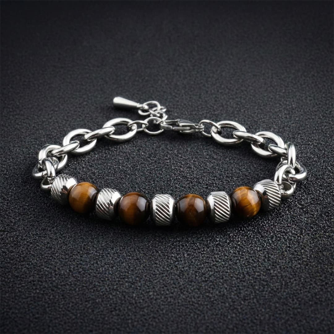 Pulsera de Acero Quirúrgico y Ojo de Tigre Natural