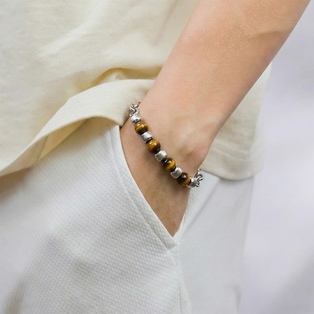 Pulsera de Acero Quirúrgico y Ojo de Tigre Natural detail 1
